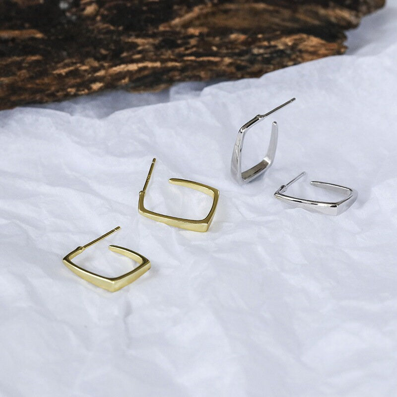 Sterling Silver Half Square Stud Earring, Dainty Geometry Earrings, Simulated Square Hoop Earrings, Minimalist Earring, Gift for her, E350