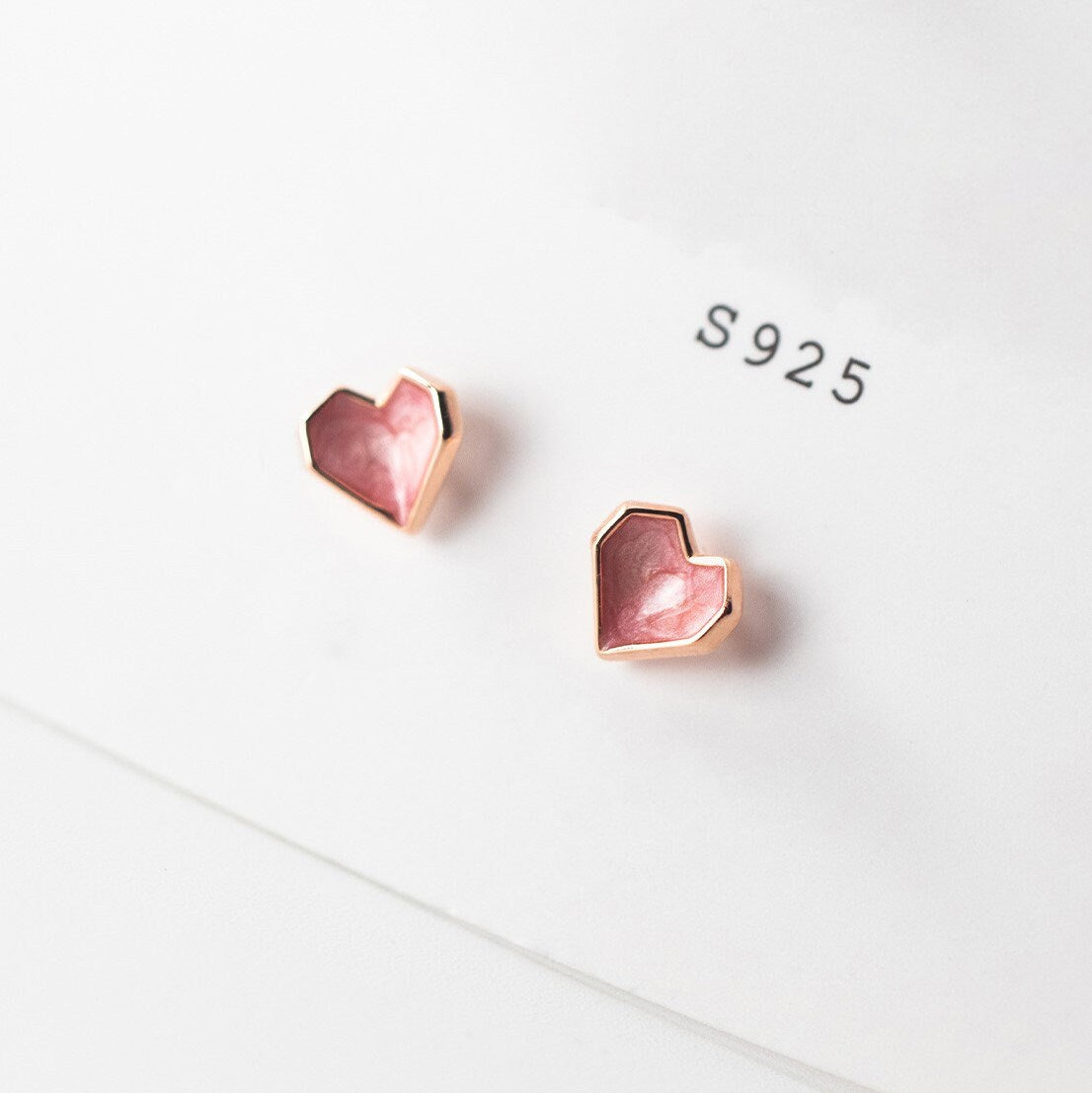 S925 Silver Pink Heart Stud Earring, Dainty Enamel Pink Heart Earrings, Minimalist Silver Heart Studs, Perfect gift for her, GE337