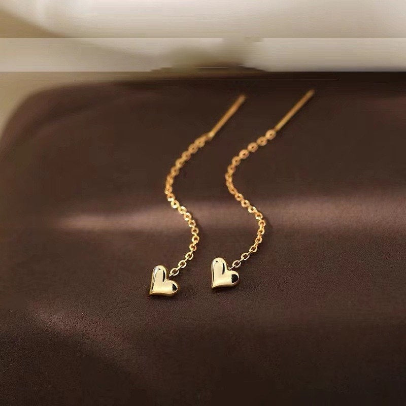 S925 Silver Heart Threader Drop & Dangle Earrings, Gold Heart Tassel Earrings, Heart Chain Dangle Earring, Tiny Heart Threader Earring, E352