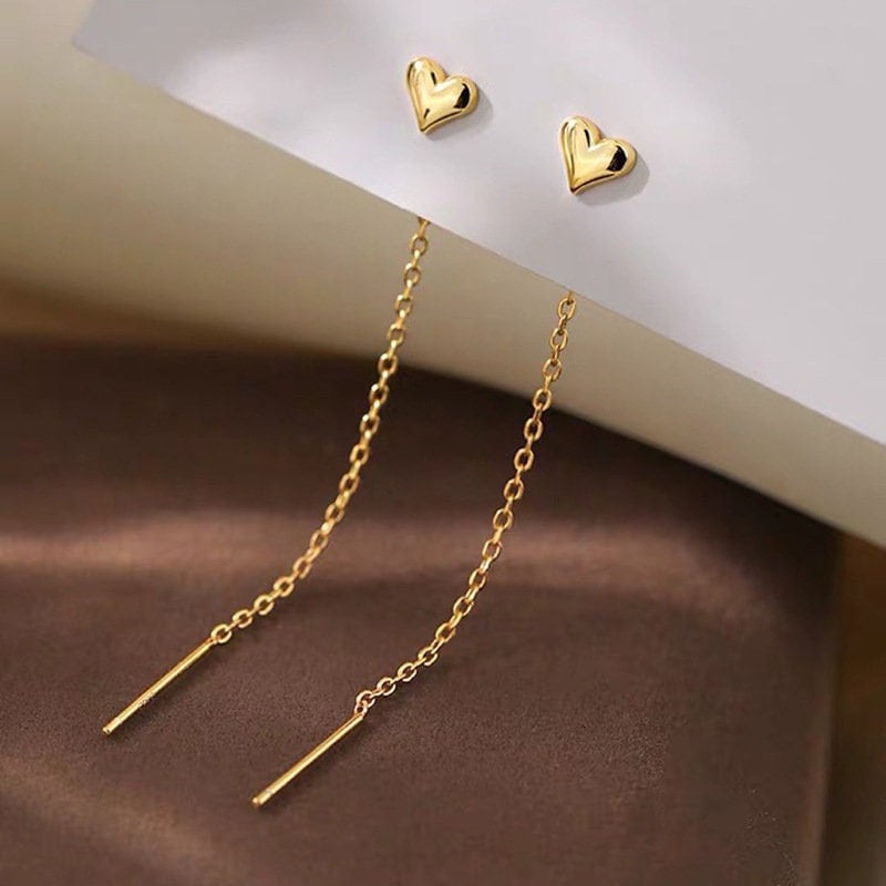 S925 Silver Heart Threader Drop & Dangle Earrings, Gold Heart Tassel Earrings, Heart Chain Dangle Earring, Tiny Heart Threader Earring, E352