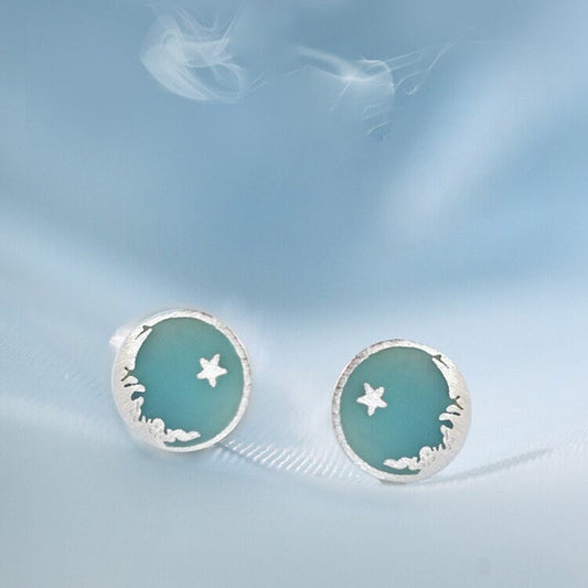 Sterling Silver Green Planet Stud Earring, Moon Star Earrings,  Pretty Mint Color Planet Earrings, Minimalist Earrings, Gift for her, SGE356