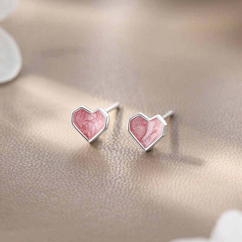 S925 Silver Pink Heart Stud Earring, Dainty Enamel Pink Heart Earrings, Minimalist Silver Heart Studs, Perfect gift for her, GE337