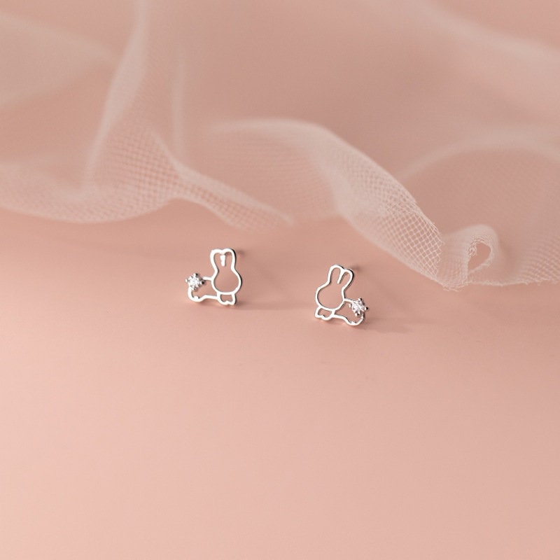 Sterling Silver Tiny Bunny Stud Earring, Gold Hollow-out Rabbit Earrings, Adorable Bunnies Earrings, Animal Lover Gift, Gift for her, E358