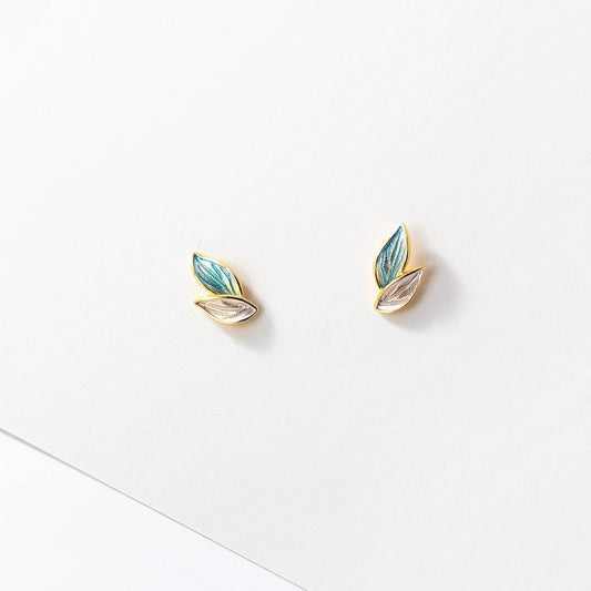 14k Gold Plated 925 Silver Dainty Bi-color Leaf Earrings, Blue Leaf Earrings, Twig Studs, Plant Earrings, Branch Earrings, Minimalist, E145