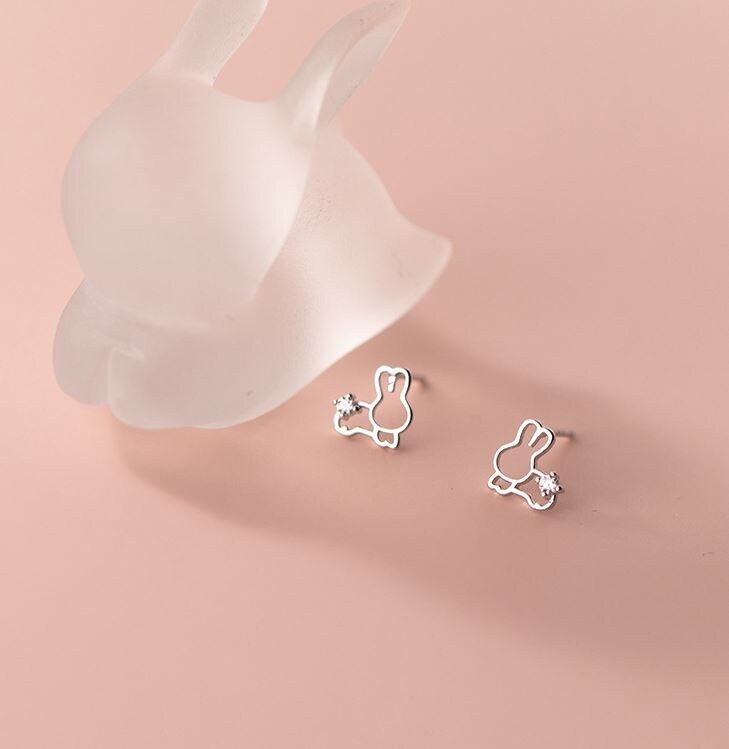 Sterling Silver Tiny Bunny Stud Earring, Gold Hollow-out Rabbit Earrings, Adorable Bunnies Earrings, Animal Lover Gift, Gift for her, E358