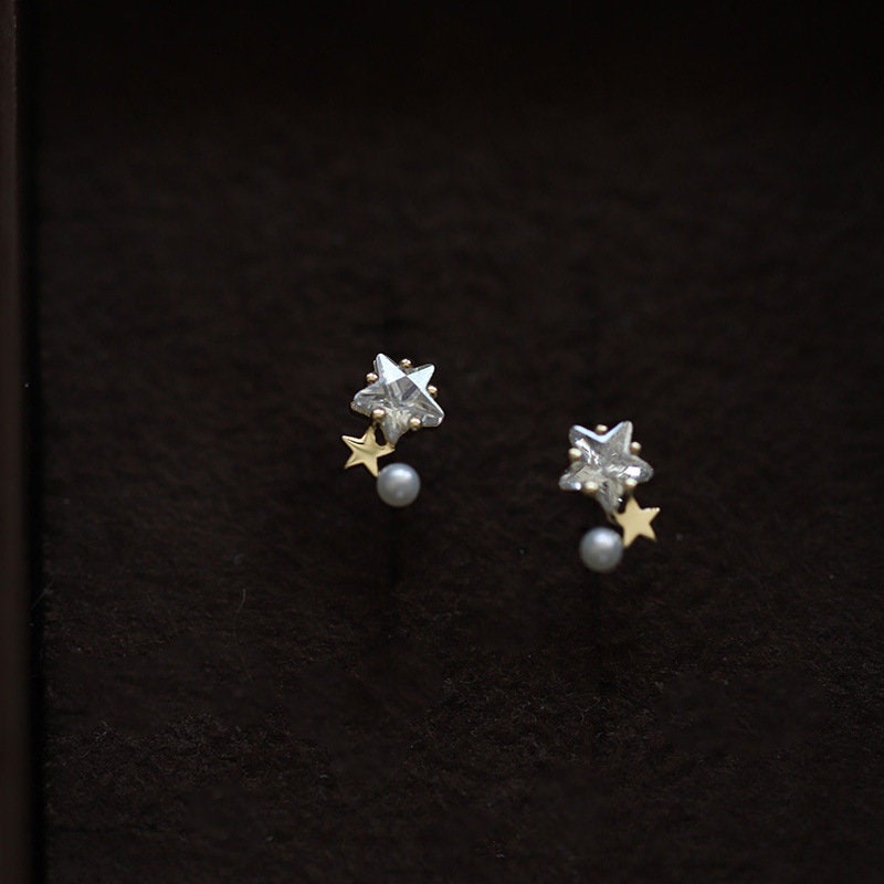 Gold Crystal Star Stud Earring, 14k Gold Plated 925 Silver Star Earrings, Star Pearl Earrings, Minimalist Star Earring, Gift for her, E364