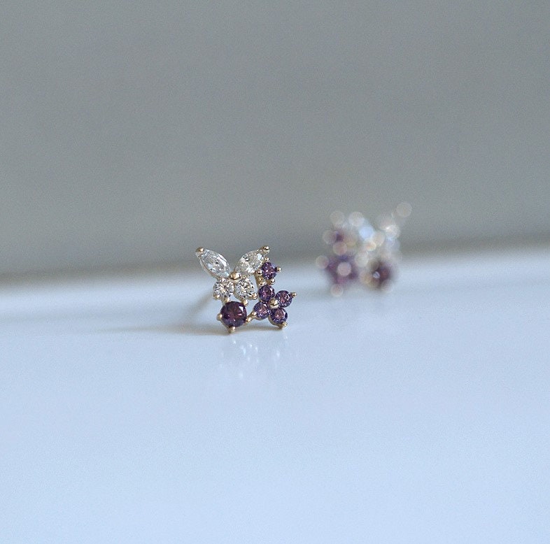 Sterling Silver Butterfly & Lavender CZ Stud Earrings, Dainty Lavender and Butterfly Earrings, Sparkly CZ Flower and Butterfyl Earring, E239