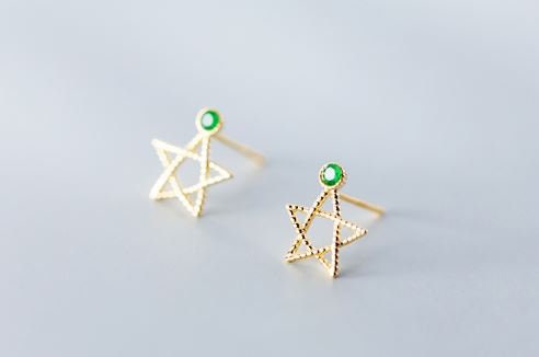 Dainty Star Emerald CZ Earrings, Gold Plated 925 Silver Hollow-out Star Green CZ Studs, Dainty Pentagram Earring, Minimalist Studs E221