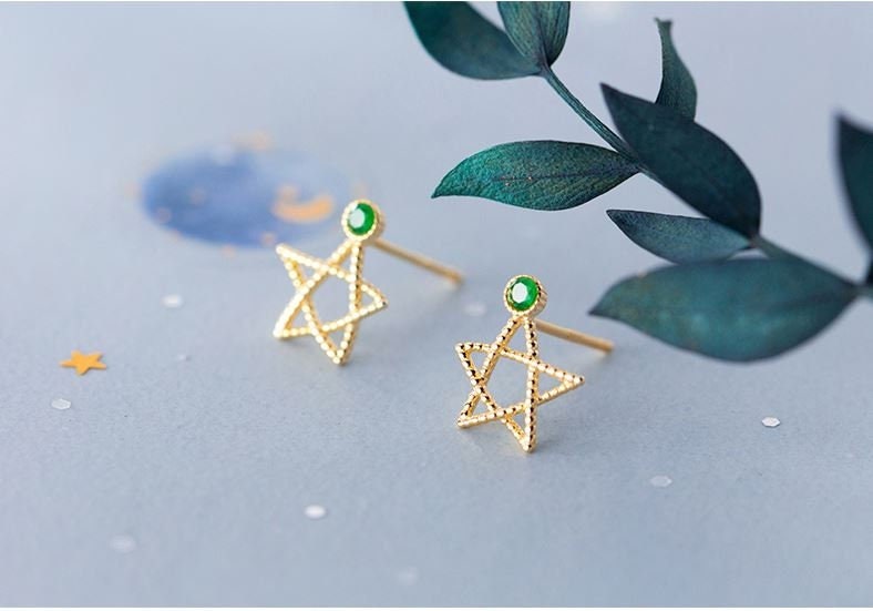 Dainty Star Emerald CZ Earrings, Gold Plated 925 Silver Hollow-out Star Green CZ Studs, Dainty Pentagram Earring, Minimalist Studs E221