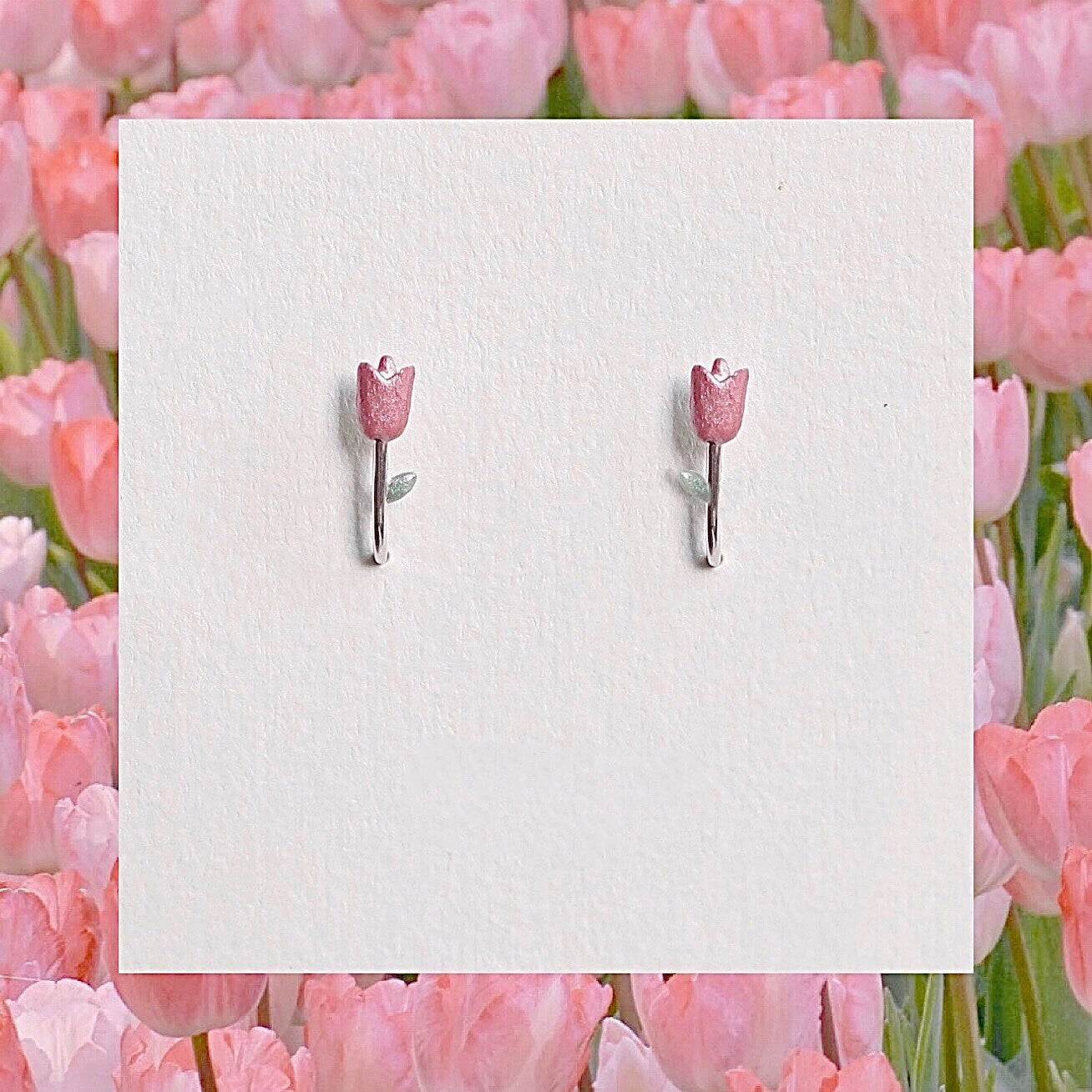 S925 Silver Pink Tulip Hook Earrings, Tulip Dangle Earring, Enamel Tulip Earrings, Tulip Climber/Crawler Earrings, Tulip Ear Cuff, SGE336