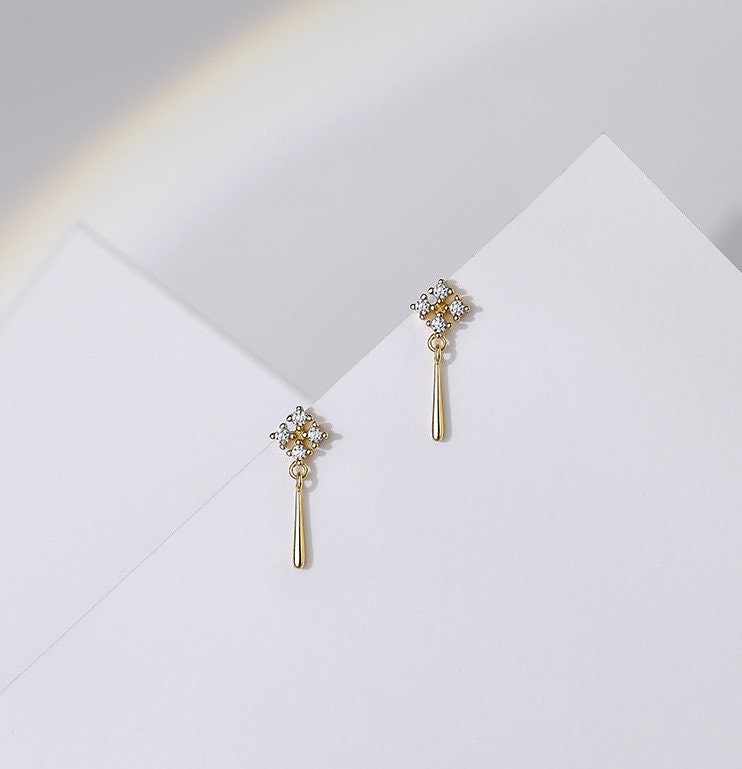 14k Gold Plated Sterling Silver Skinny Waterdrop Drop & Dangle Earrings, Dainty Cross CZ Teardrop Earrings, Gold CZ Droplet Earrings, SGE363