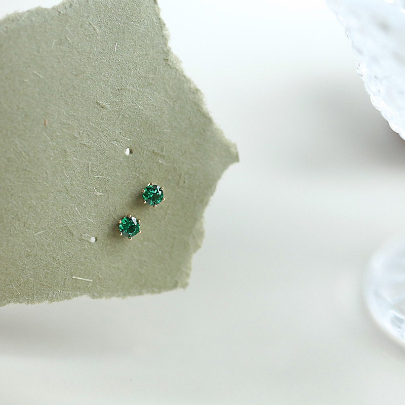 Dainty Round Cut Emerald Stud Earring, Small Emerald Earrings, Gold Emerald Studs, Minimalist Green CZ Earring, Helix/Cartilage Studs, E374