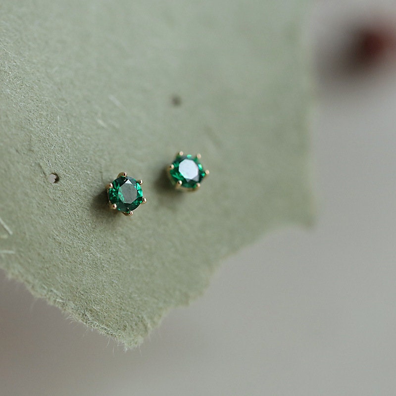 Dainty Round Cut Emerald Stud Earring, Small Emerald Earrings, Gold Emerald Studs, Minimalist Green CZ Earring, Helix/Cartilage Studs, E374