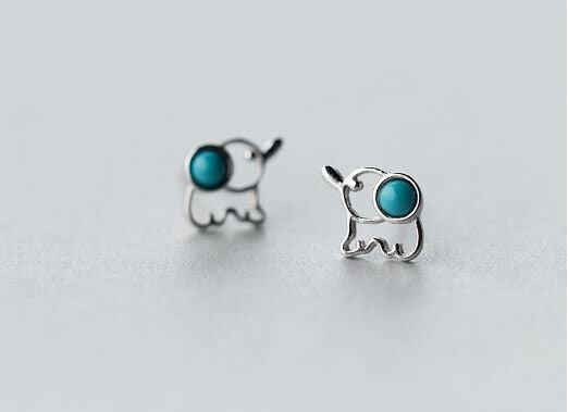 S925 Silver Turquoise Elephant Stud Earring, Silver Elephant Earrings, Lucky Elephant Earrings, Animal-lover Earrings, Gift for her, E375