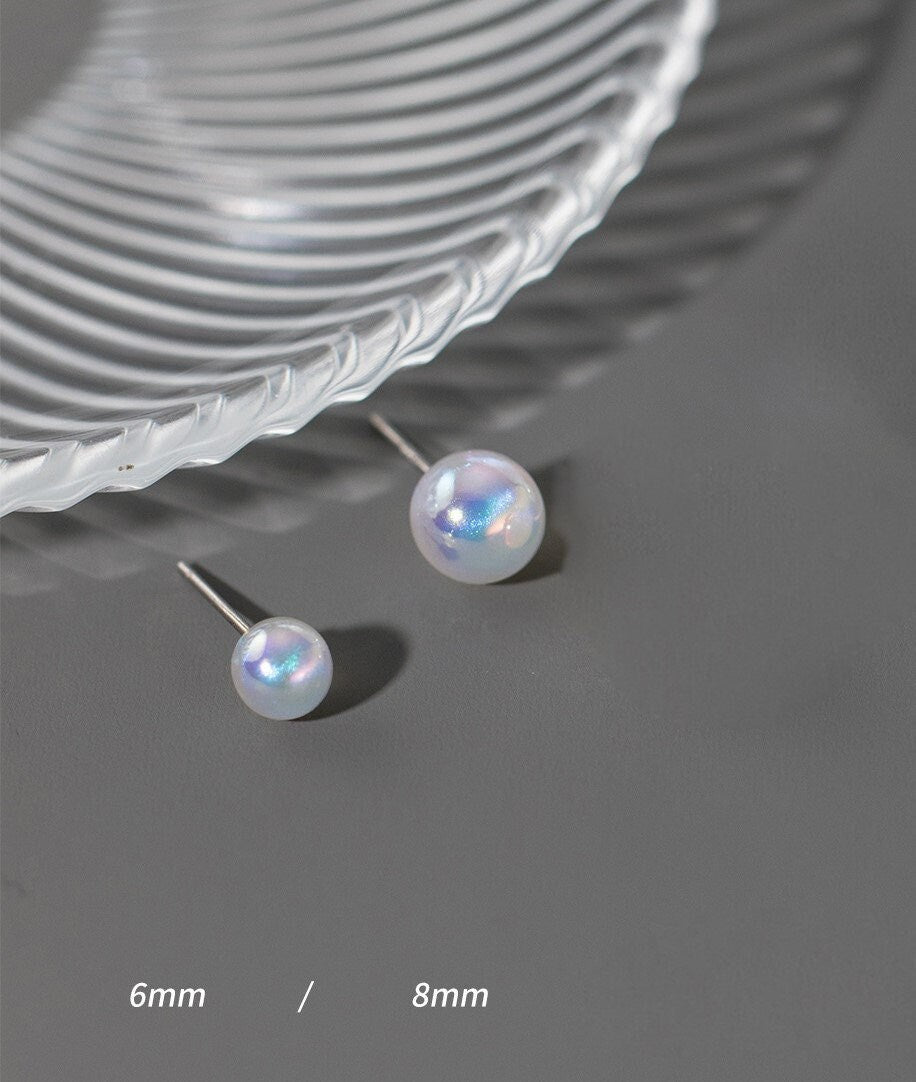 S925 Silver Simulated Pearl Stud Earring, Mermaid Synthetic Pearl Studs, Shiny Pearl Earrings, Two Size Available, Helix Studs, Gifts, E377