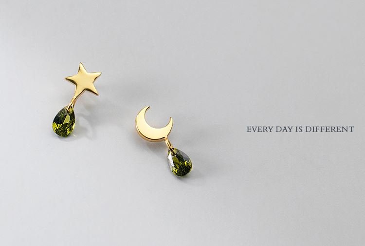 Gold Olive Green CZ Waterdrop Dangle Earrings, Olive Teardrop Dangle Earring, Mismatched Star & Moon Droplet Drop Earring, Gift for her E379