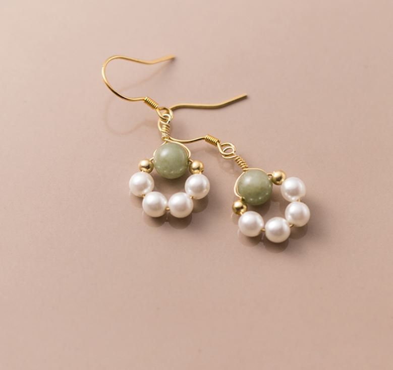 14k Gold Plated 925 Silver Simulated Pearl and Natural Jade Drop & Dangle Earrings, Dainty Jade Pearl Drop Earrings, Gifts for Her, E159