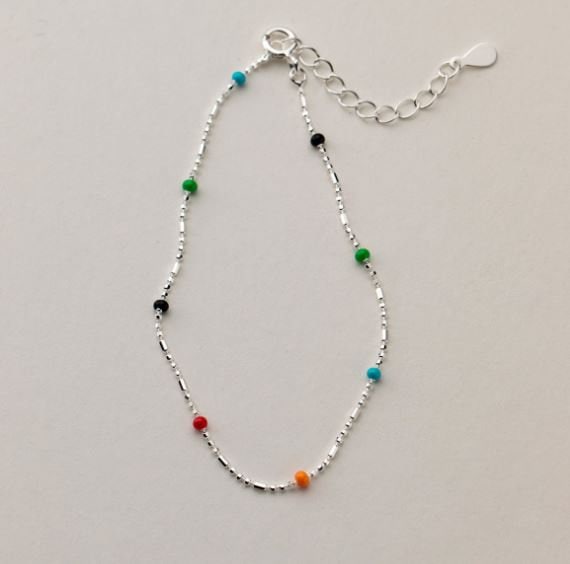 Sterling Silver Bead Bracelet, Colorful Bead Silver Bracelet, Silver Chain Bracelets, Dainty Stackable/Layered Bracelet, Gift for her, B21