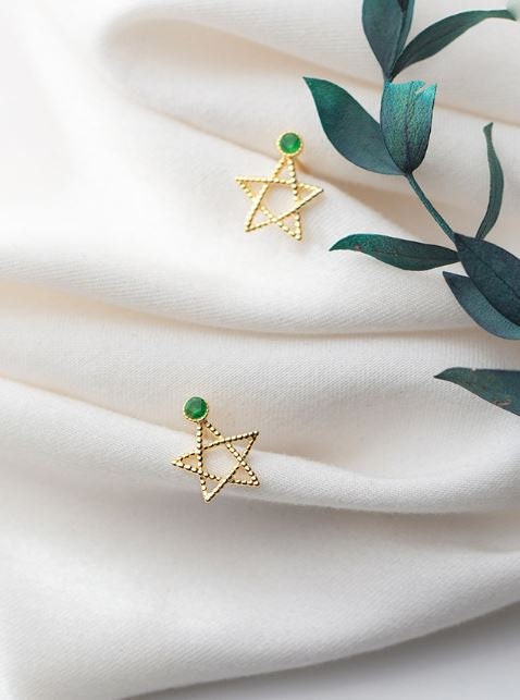 Dainty Star Emerald CZ Earrings, Gold Plated 925 Silver Hollow-out Star Green CZ Studs, Dainty Pentagram Earring, Minimalist Studs E221