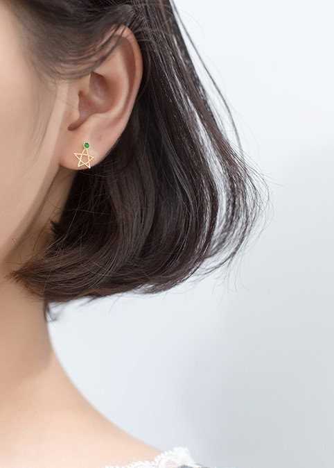 Dainty Star Emerald CZ Earrings, Gold Plated 925 Silver Hollow-out Star Green CZ Studs, Dainty Pentagram Earring, Minimalist Studs E221