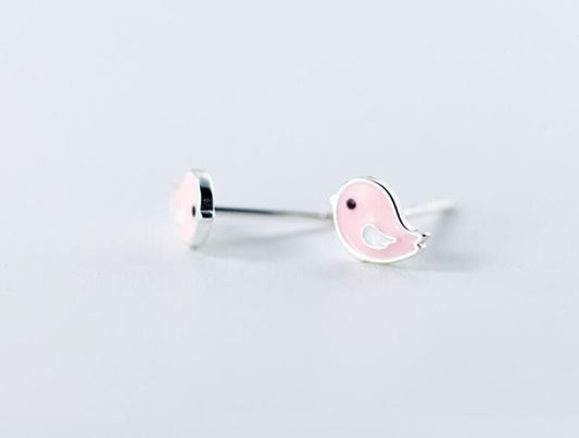 925 Silver Pink Bird Stud Earring, Tiny Pink Bird Earrings, Minimalist Bird Earring, Bird Studs, Animal-lover Earrings, Gift for her, E380