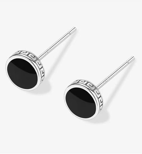 925 Sterling Silver Men's Black Enamel Earrings, Men's Silver Black Studs, Silver Earring for Men, Gift for Him/Boyfriend/Men/Father, E384