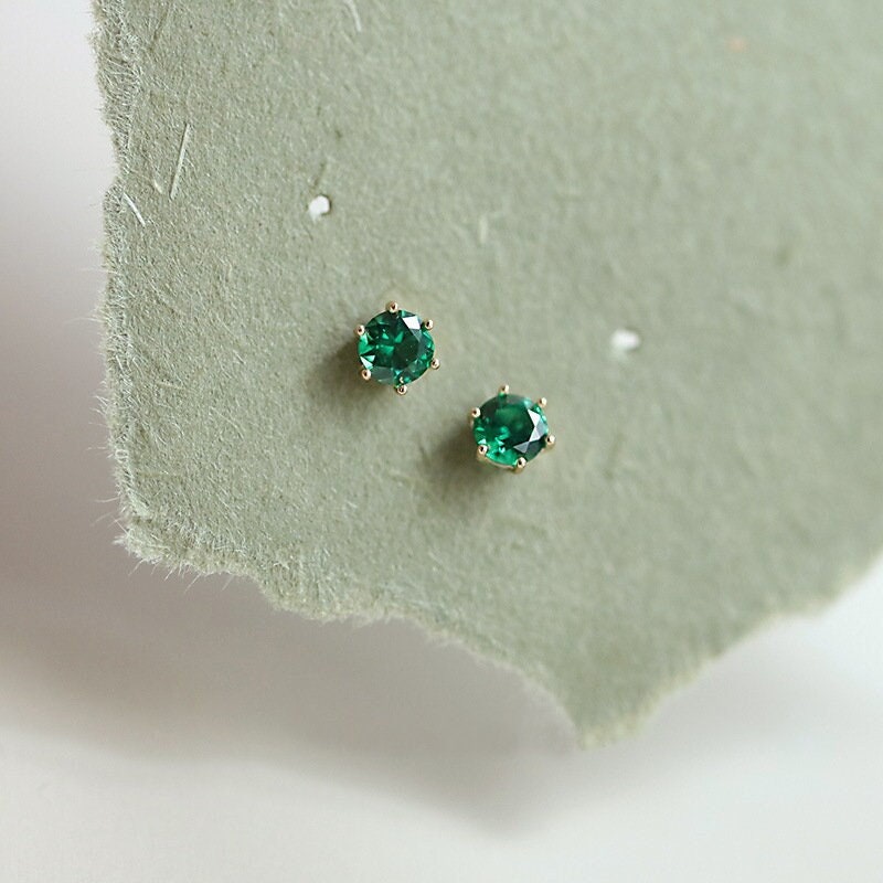 Dainty Round Cut Emerald Stud Earring, Small Emerald Earrings, Gold Emerald Studs, Minimalist Green CZ Earring, Helix/Cartilage Studs, E374