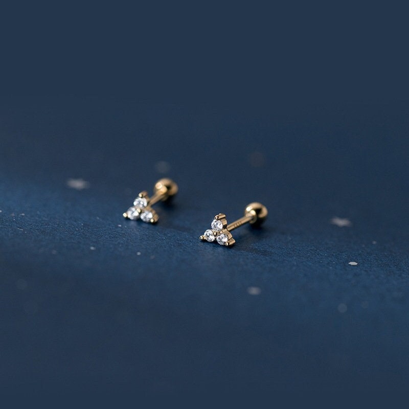 Dainty CZ Tiny Triangle Screw Back Earrings, Small Clover Earring, Tiny Flower Studs, Silver or Gold, Helix Earring, Gift for her, E378