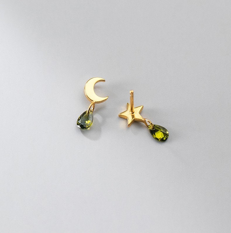 Gold Olive Green CZ Waterdrop Dangle Earrings, Olive Teardrop Dangle Earring, Mismatched Star & Moon Droplet Drop Earring, Gift for her E379