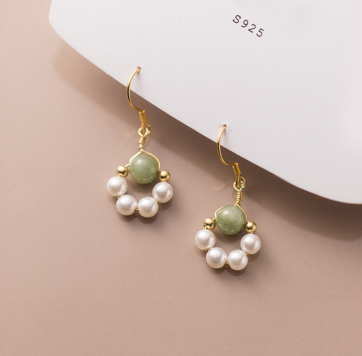 14k Gold Plated 925 Silver Simulated Pearl and Natural Jade Drop & Dangle Earrings, Dainty Jade Pearl Drop Earrings, Gifts for Her, E159