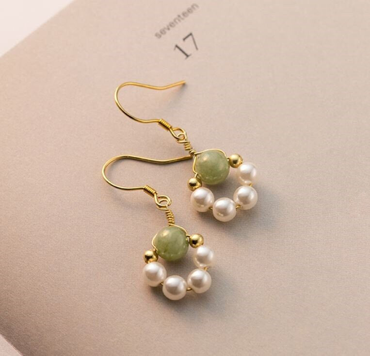 14k Gold Plated 925 Silver Simulated Pearl and Natural Jade Drop & Dangle Earrings, Dainty Jade Pearl Drop Earrings, Gifts for Her, E159