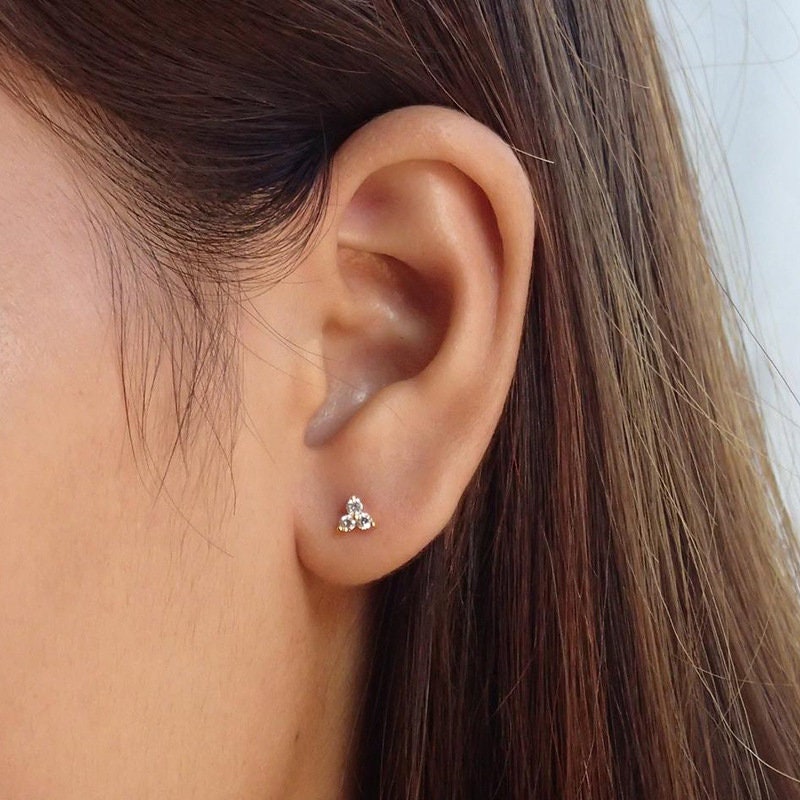 Dainty CZ Tiny Triangle Screw Back Earrings, Small Clover Earring, Tiny Flower Studs, Silver or Gold, Helix Earring, Gift for her, E378