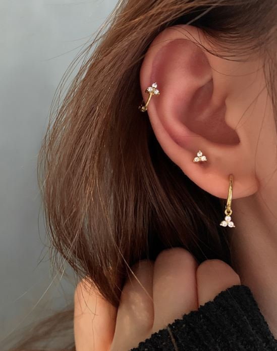 Dainty CZ Tiny Triangle Screw Back Earrings, Small Clover Earring, Tiny Flower Studs, Silver or Gold, Helix Earring, Gift for her, E378