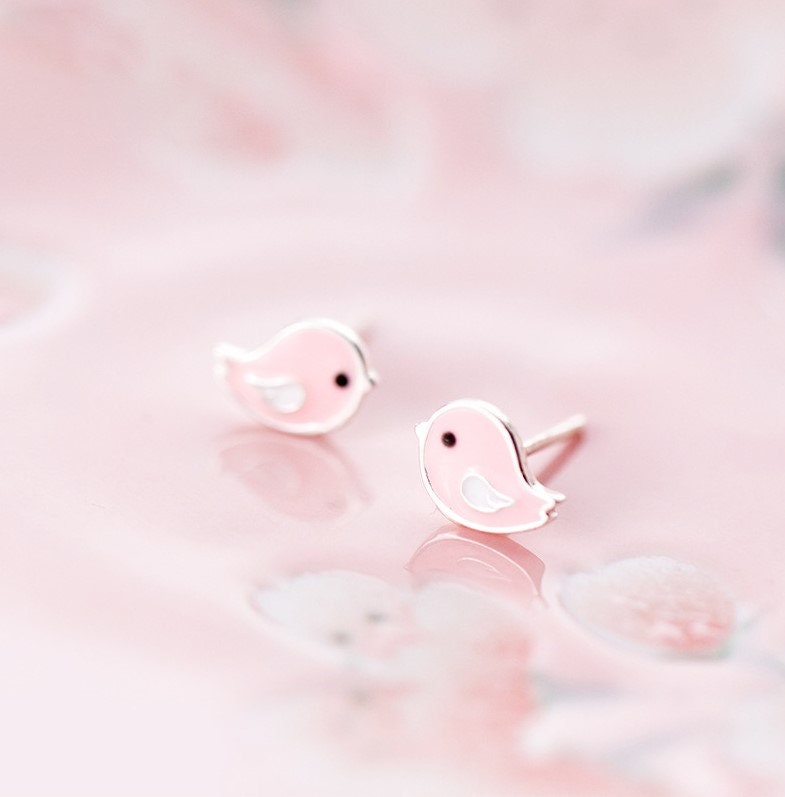 925 Silver Pink Bird Stud Earring, Tiny Pink Bird Earrings, Minimalist Bird Earring, Bird Studs, Animal-lover Earrings, Gift for her, E380