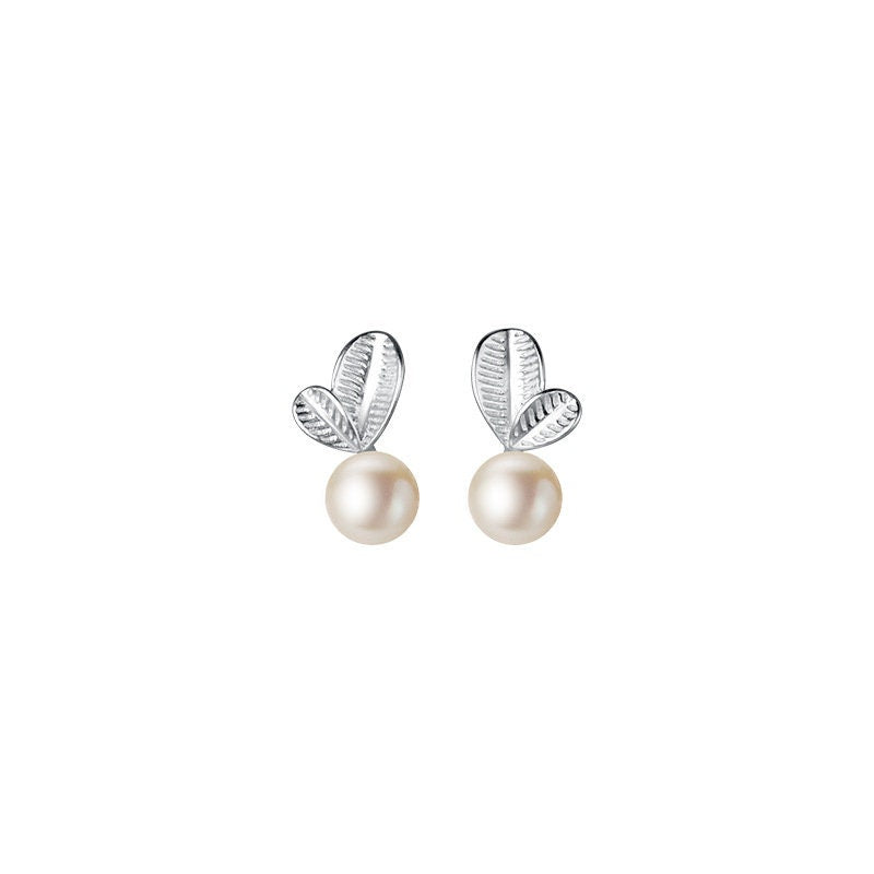 925 Silver Bunny Pearl Earrings, Pearl Bunny Studs, Bunny Earrings, Leaf Pearl Earrings, Minimalist Pearl Leaf Earring, Gift for her E382