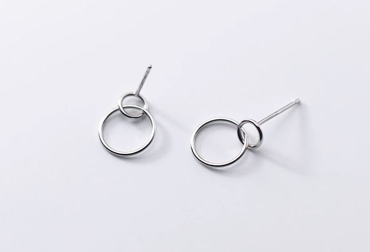 S925 Silver Circle Drop & Dangle Earrings, Linked Circle Drop Earrings, Circle Link Earring, Minimalist Geometry Earrings, Gift for her E385