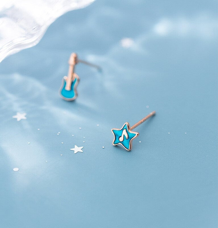 Violin & Note Star Stud Earring, Rose Gold Music Earrings, Mismatched Music Earring, Violin Earring, Asymmetrical Earring, Gift for her E387