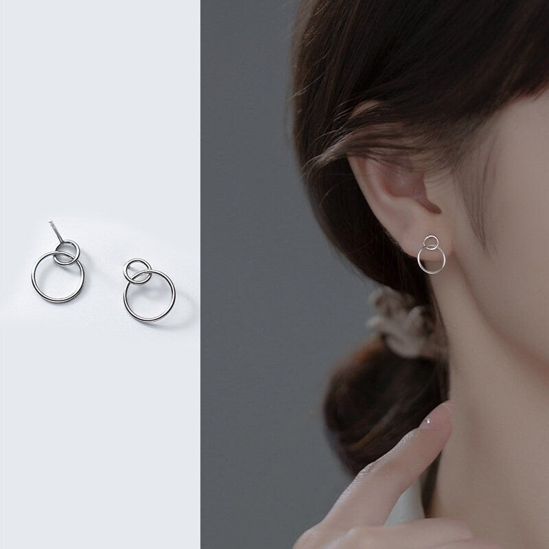 S925 Silver Circle Drop & Dangle Earrings, Linked Circle Drop Earrings, Circle Link Earring, Minimalist Geometry Earrings, Gift for her E385