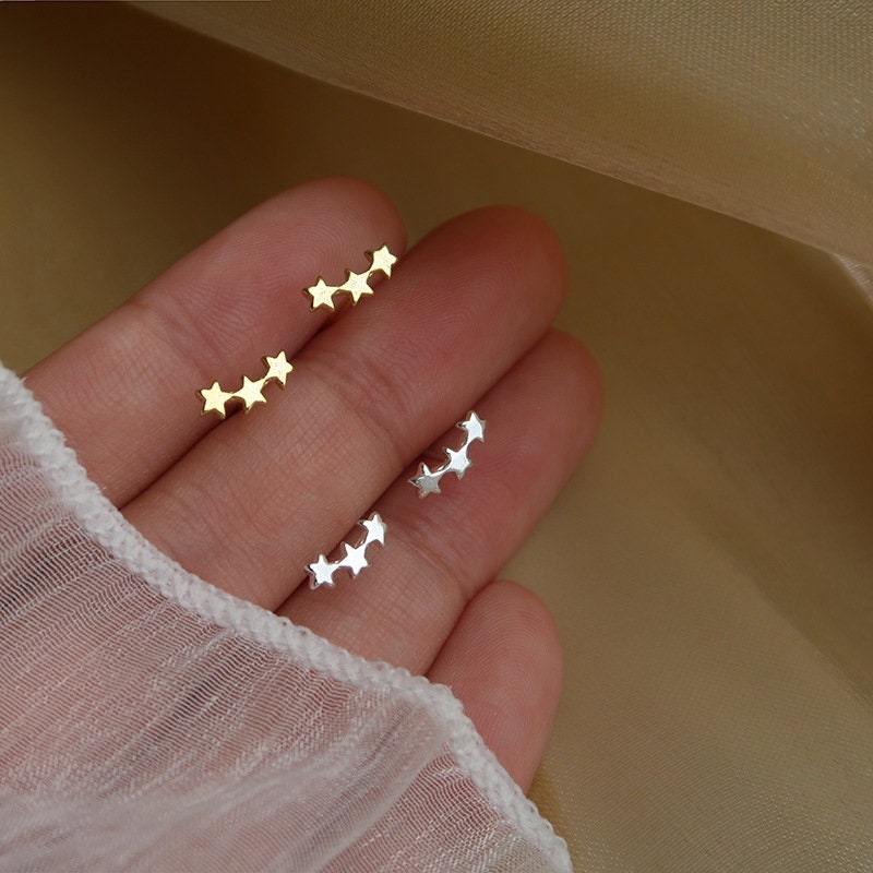 925 Silver Tiny Star Stud Earring, Triple Stars Earrings, Tragus/Helix Studs, Minimalist Star Earring, Silver or Gold, Gift for her, E388