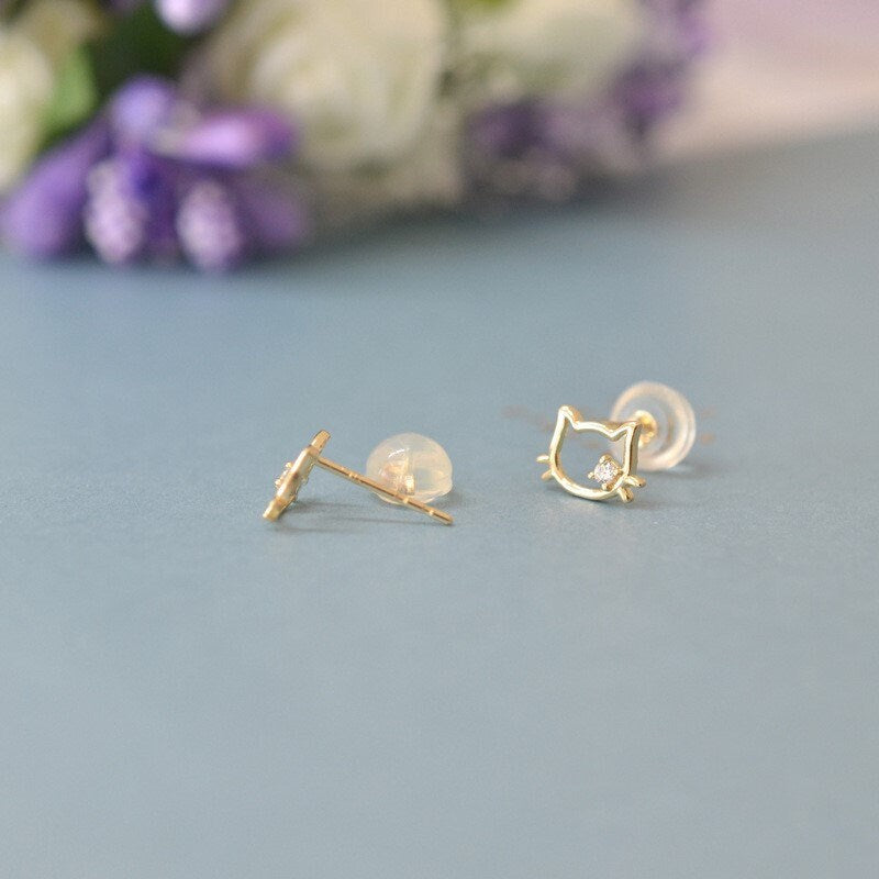 14k Gold Plated 925 Silver Cat Stud Earring, Adorable Cat Earring, CZ Kitty Earring, Cute Kitten Earrings, Helix Earring, Gift for her, E390