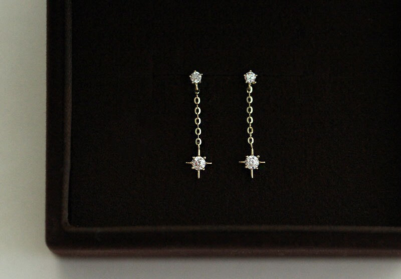 Tiny North Star Drop & Dangle Earrings, Gold CZ Drop Earrings, CZ Dangle Earring, Minimalist Star Threader Earrings, Gift for her, E394