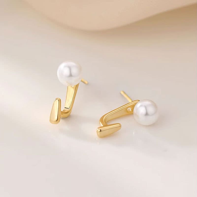 14k Gold Plated 925 Silver Pearl Ear Jacket, Gold Simulated Pearl Ear Jacket Earring, Front Back Earrings, Minimalist Pearl Earring, E295