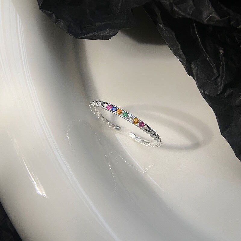 Sterling Silver Rainbow CZ Adjustable Ring, Dainty Colorful CZ Open Size Ring, Silver Open Ring, Stackable Ring, Perfect Gift for Her, R25