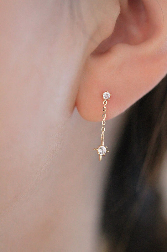 Tiny North Star Drop & Dangle Earrings, Gold CZ Drop Earrings, CZ Dangle Earring, Minimalist Star Threader Earrings, Gift for her, E394