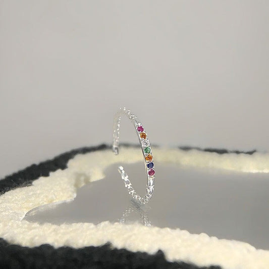 Sterling Silver Rainbow CZ Adjustable Ring, Dainty Colorful CZ Open Size Ring, Silver Open Ring, Stackable Ring, Perfect Gift for Her, R25