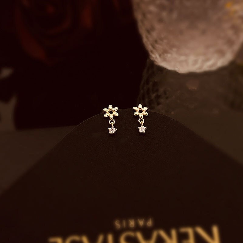 14k Gold Plated 925 Silver Mini Flower with Tiny Drop CZ Stud Earrings, Dainty Tiny Flower with CZ Earrings, Minimalist Plant Earrings, E238